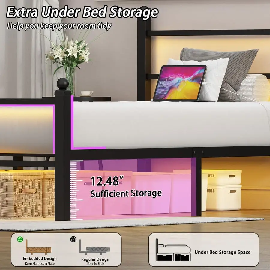 إطارات سرير مع لوح أمامي ولوح للقدمين، إطار سرير بمنصة معدنية سوداء مع أضواء LED RGB ومحطة شحن USB، تحت السرير St #4