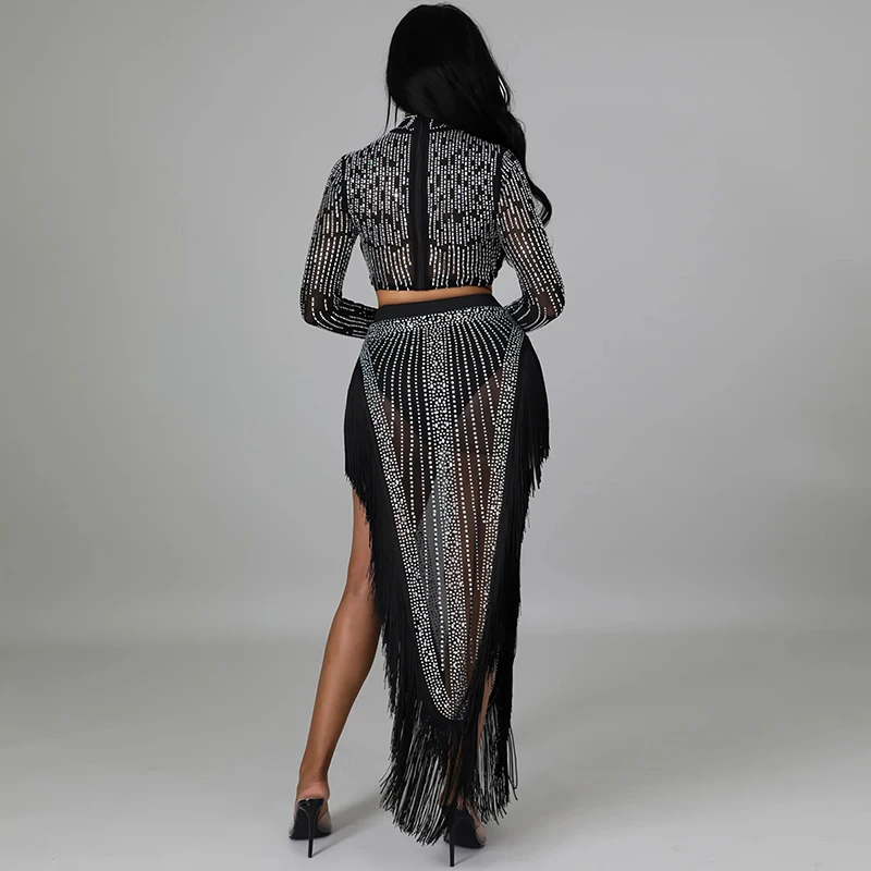 2024 Autumn Women\'s Diamond Perspective Mesh Long Sleeve Top and Irregular Lace Skirt Two Piece Set Nightclub Ball Dress