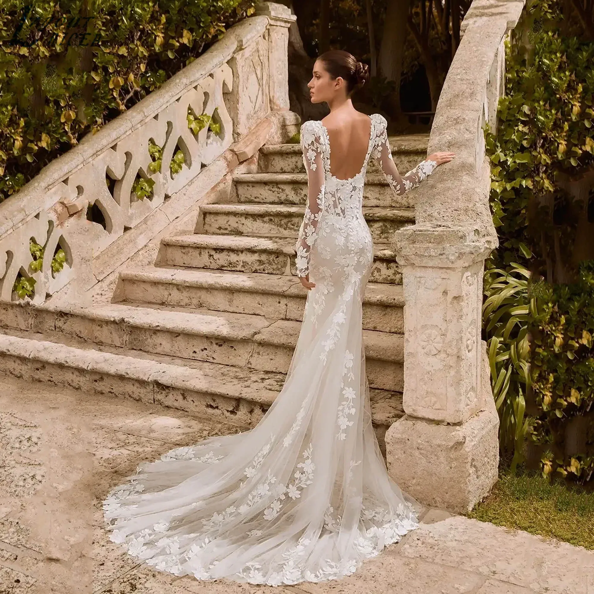 Elegant Mermaid Gowns For Bride Long Sleeves Sweetheart Appliques Wedding Dress Luxury Backless Fit vestidos de novia Customized