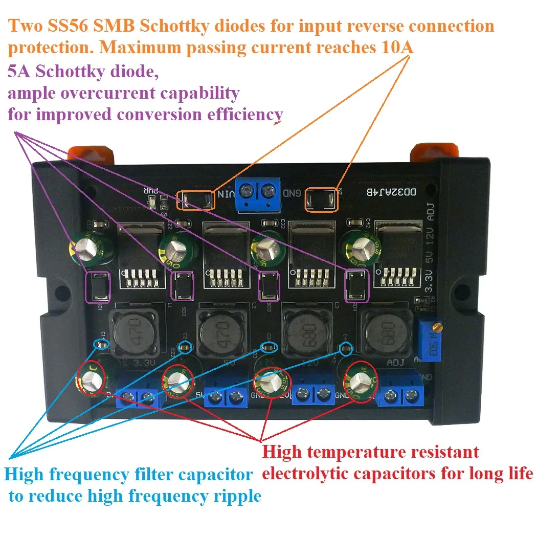 3A 4Ch DIN Rail Case Multiple Step-Down Buck Power Supply Module 3.3V 5V 12V Adjustable Output