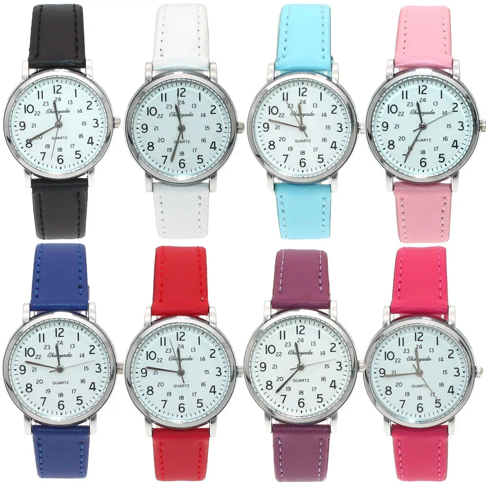 8PCS Women's Leather Wristwatch Set Analog Stainless Steel Quartz Movement Fashionable Timepieces for Ladies