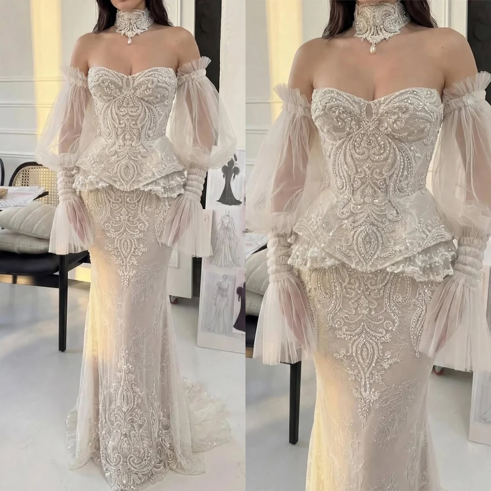 Exquisite Mermaid Wedding Dresses Sweetheart Shining Appliques Beads Pleats Satin Zipper Bridal Customized Robe De Mariée