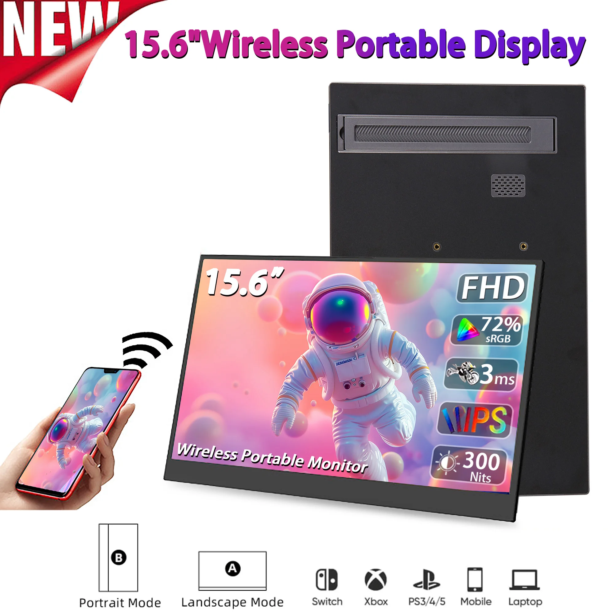 

NEW 15.6 Inch Wireless Connection Portable Monitor HDR Display With VESA & Stand 178° Adjustable For Laptop XBox PS4/5 Switch