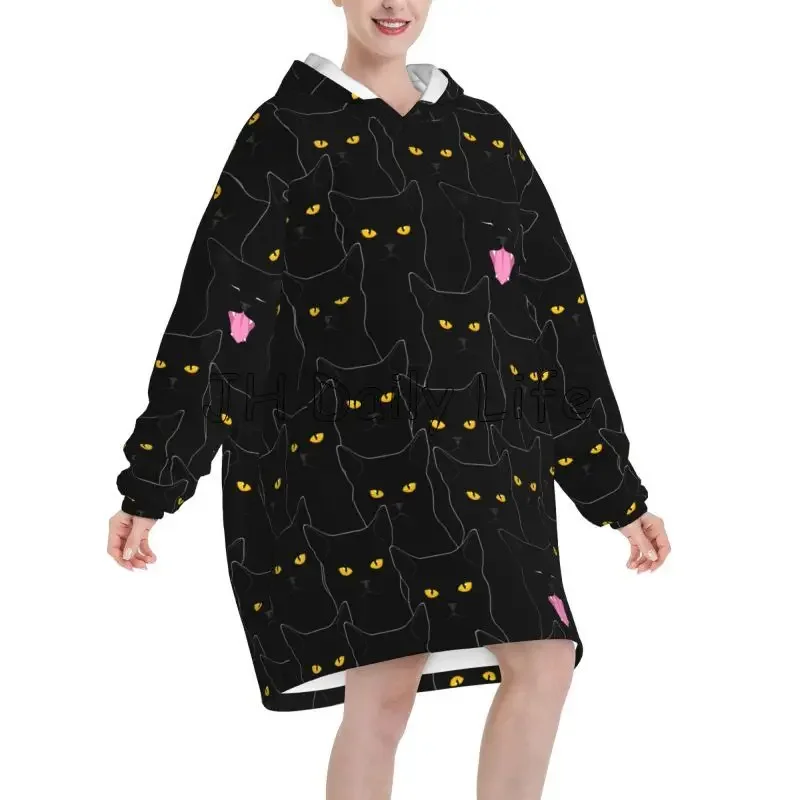 Black Cats Art Print Oversized Blanket Hoodie Women Wearable Flannel Pullover Soft Warm Cozy Fleece Sherpa Blankets with Pockets