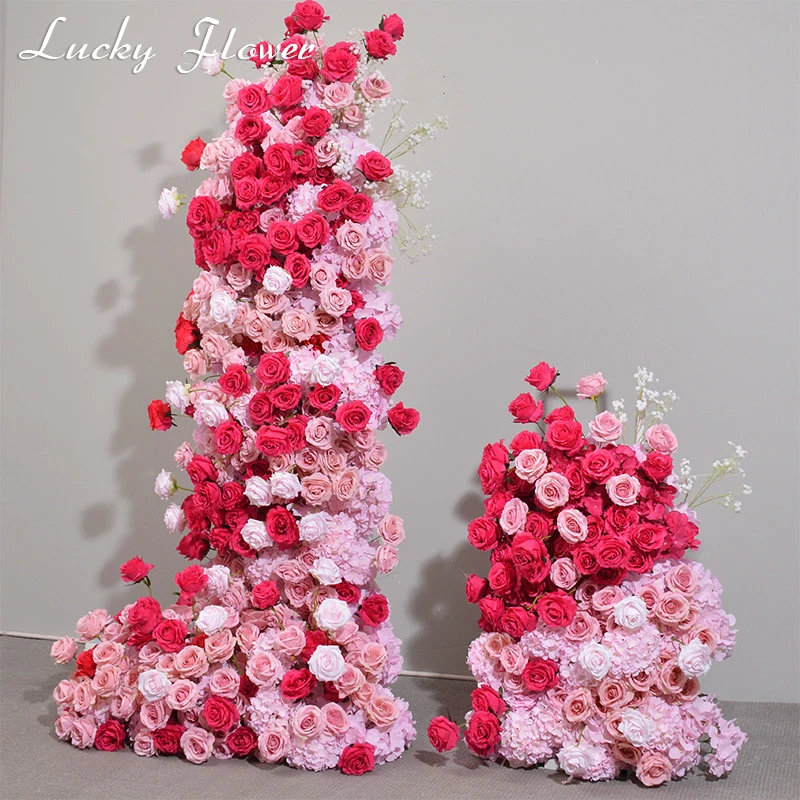 Red Pink Rose Simulation Flower Wedding Background KT Board Decorative Floral Arrangement Floor Party Banquet Event Floral Props