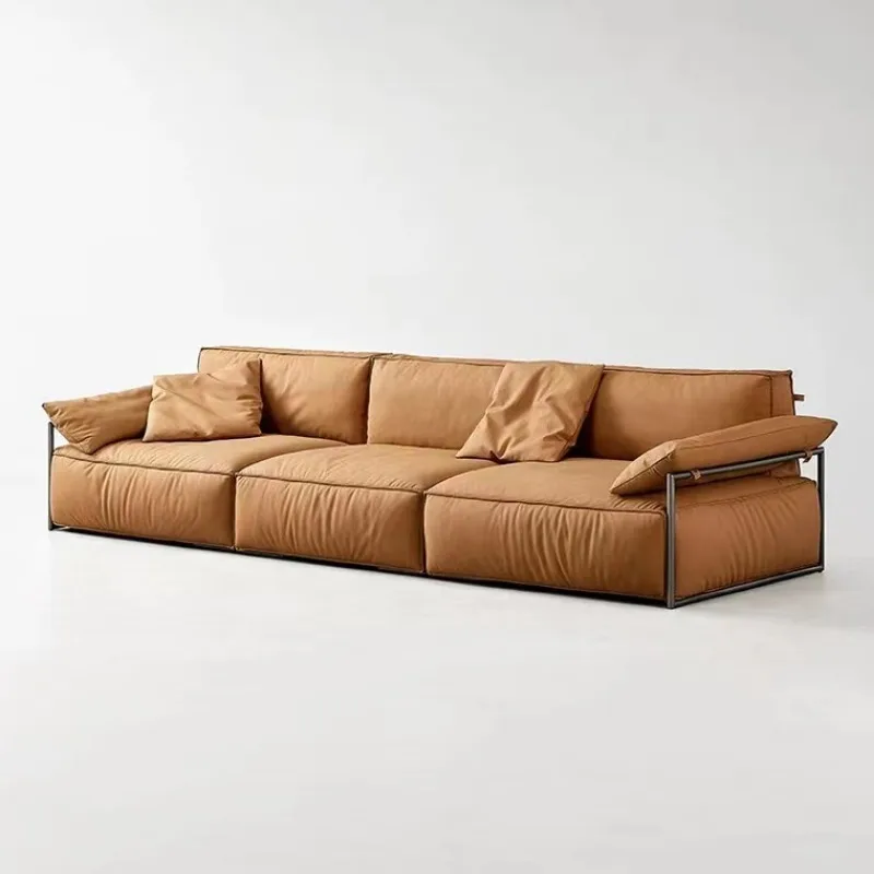 

Nordic leather sofa modern simple combination living room fully equipped apartment Italian minimalist down orange leather