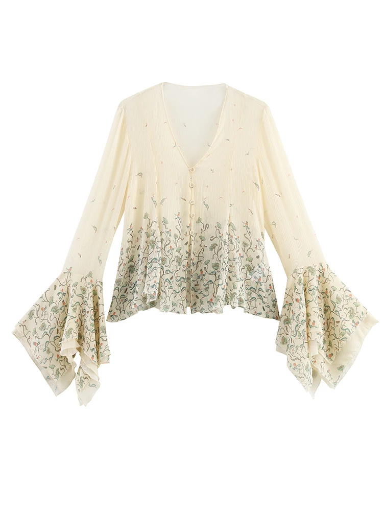 

European style new women's fashion versatile temperament single-breasted V-neck long-sleeved printed shirt