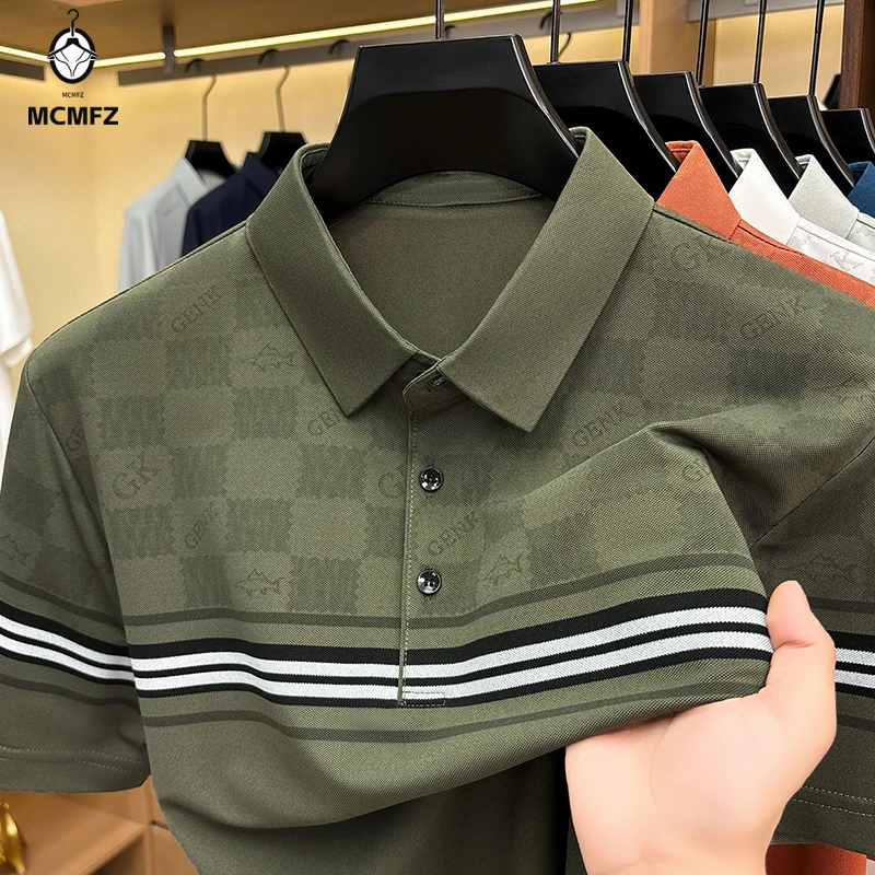 Minimal lattice jacquard polo t shirt male lapel horizontal sleeve stripe quick dry anti sweat daily family gathering wear