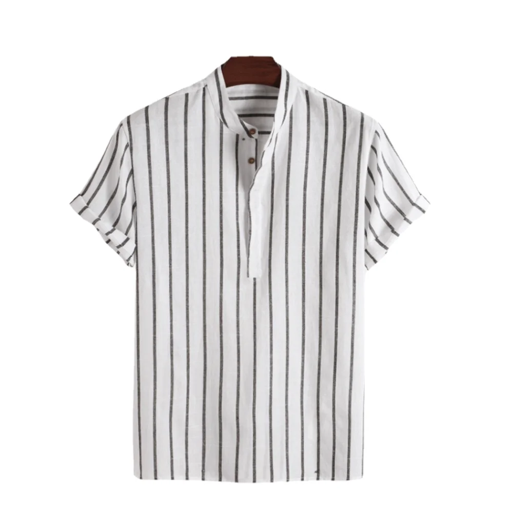 Summer Spring 2023 Men Casual Striped Blouse Shirts Male Turn Down Collar Short Sleeve Button Loose Sand Beach Tops M-3XL