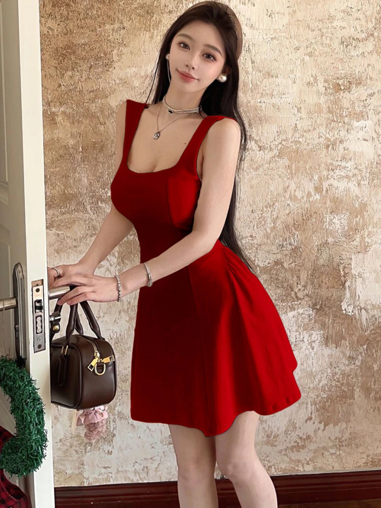 2025 Red Pleated Bodycon Square Collar Sling Sexy Mini Dress Summer Elegant Chic A-Line Dress Women Korean Festival Party Dress