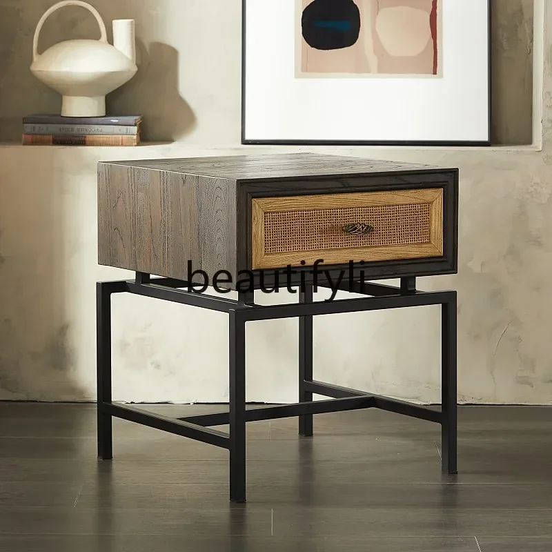 

Nordic modern simple retro medieval solid wood edge table living room coffee table bedroom rattan bedside tableEsmt163