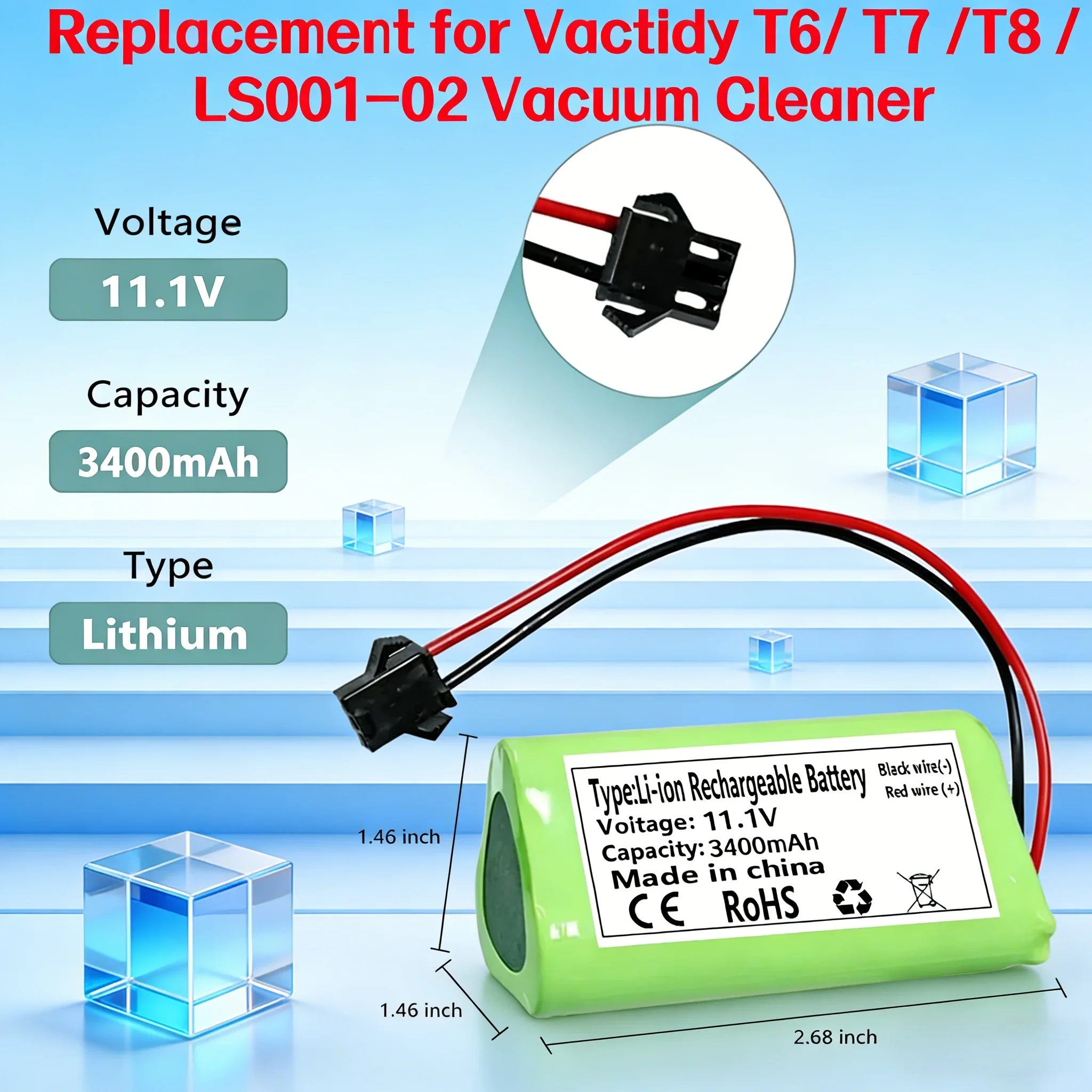 

10.8V/11.1V 3400mAh Rechargeable Battery for Vactidy T6 T7 T8 Robot Vacuum Compatible with LS001-02 Replacement.