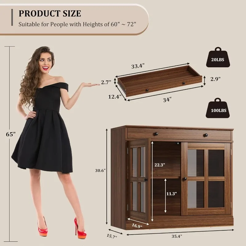 Aparadores buffet de 35,4" con puerta de vidrio, mueble buffet con almacenamiento, aparador de nogal con cajón, M