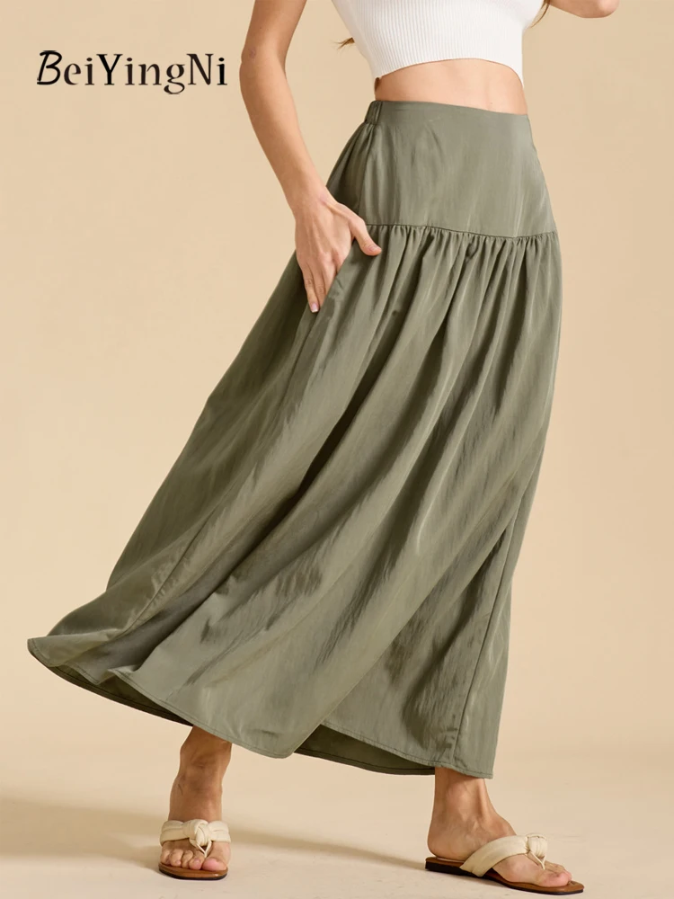 Beiyingni New In Women Long A-line Skirt Solid Color Casual Elegant High Waist Maxi Skirts Female Ruched 2025 Faldas Clothing