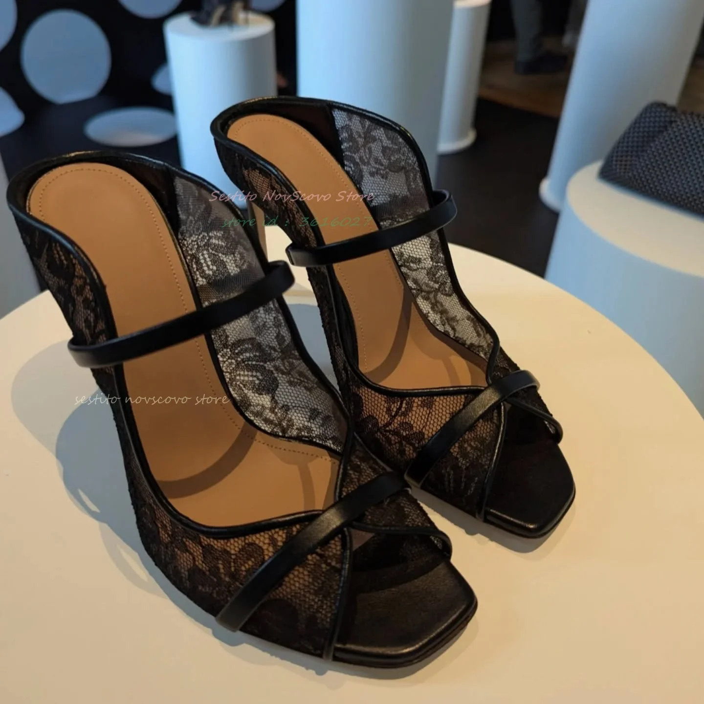 Open Toe Black Lace Mules Slip On Shallow Two Straps Decor Stiletto Sandal Summer Classic Elegant Women Dress High Heels Slipper