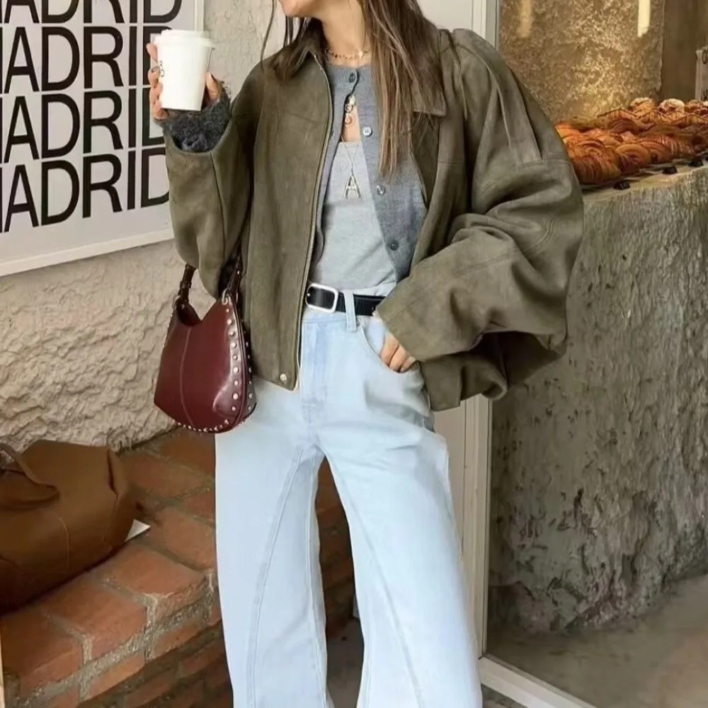 2025 Flip Collar Pilot Jacket Suede Texture Casual Coat Loose Zipper Outer Garment