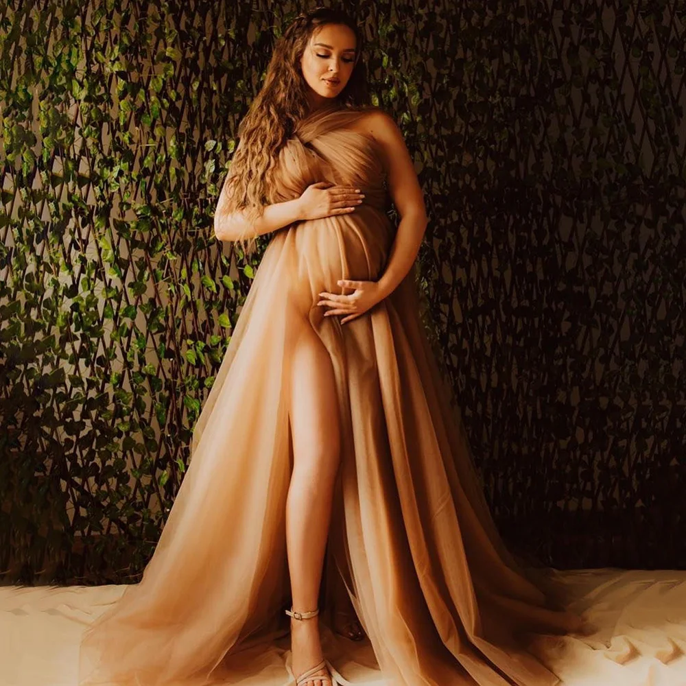 

Yipeisha Sexy Halter Maternity Evening Dresses Simple Soft Tulle Photography Dress for Pregnant Woman Customized Slit Party Gown