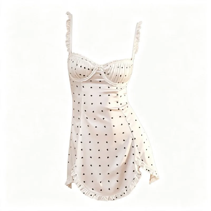 Sleepshirts Women Summer Sexy French Style Slip Nightgown Heart Print Ruffle Trim Spaghetti Strap Sleep Dress Homewear Nightwear