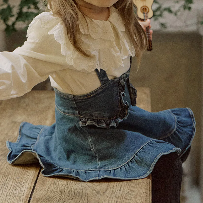 Children Clothing Kids Denim Skirt Spring Autumn 2024 New Korean Style Girls Ruffled Fish Tail Soft Strap Fashion Denim Skirt