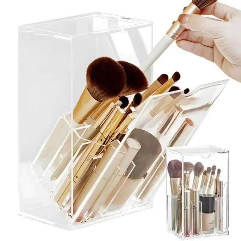 Large Capacity Makeup Brush Storage Box Cosmetic Organizer with Lid Thickened Acrylic Brushes Holder Dust Proof for Vanity