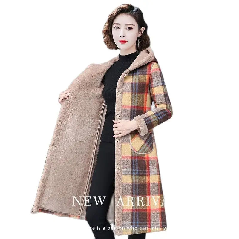 

Autumn And Winter New Fleece Temperament Windbreaker Women's Over-the-knee Hooded Fashion Loose Slim High-end Plaid Coat Women