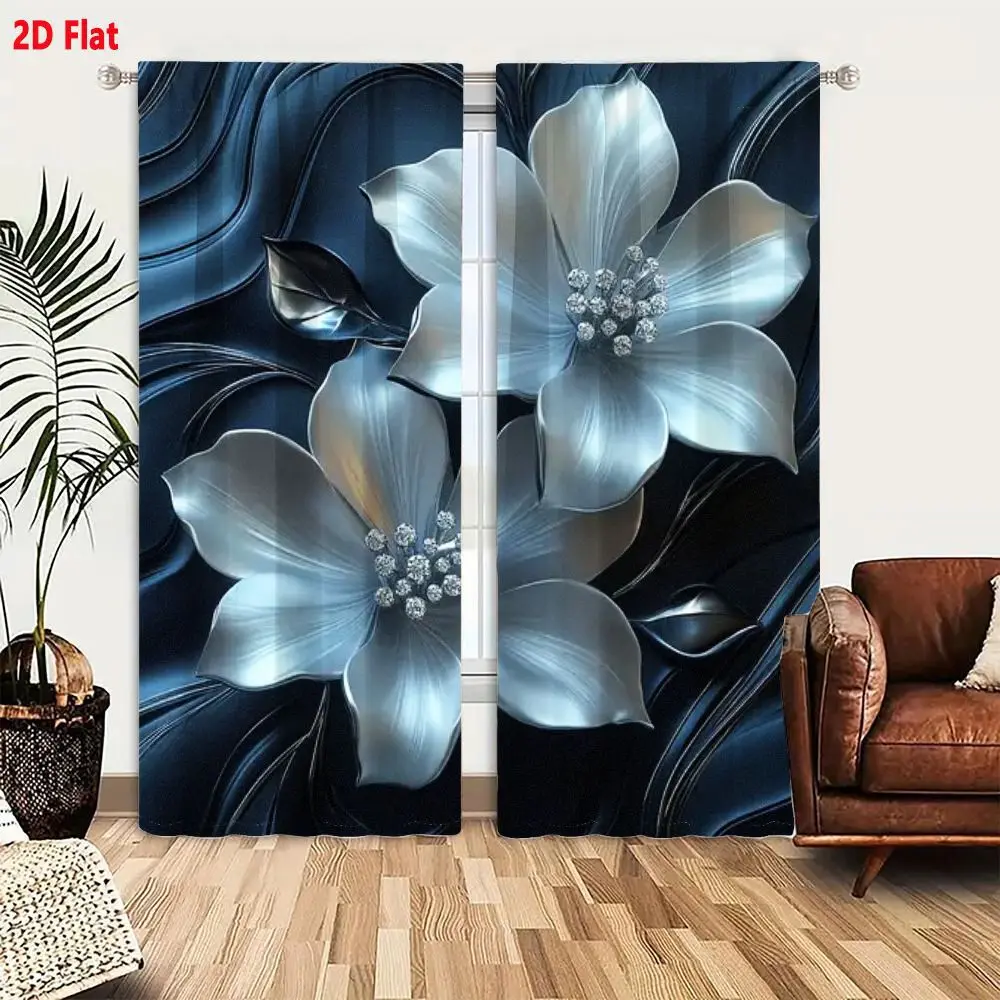2Pcs Curtains 2D Flat Artistic Rendering Metallic Silver Flowers With Glossy Reflective Surface And Diamond Like Crystals On Dar