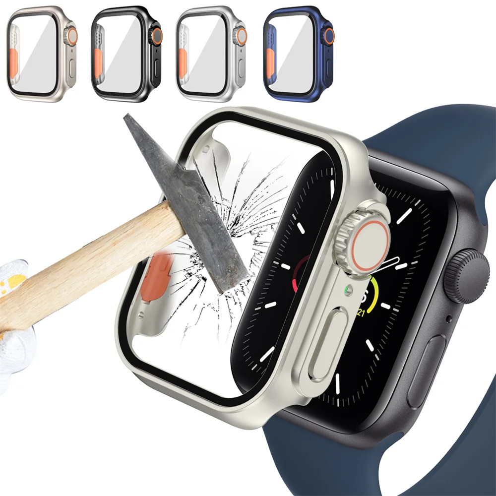 Tempered Glass+ case For Apple Watch Cover Series 9 8 7 4 5 6 SE 45mm 44mm film Bumper Screen Protector apple watch Accessories