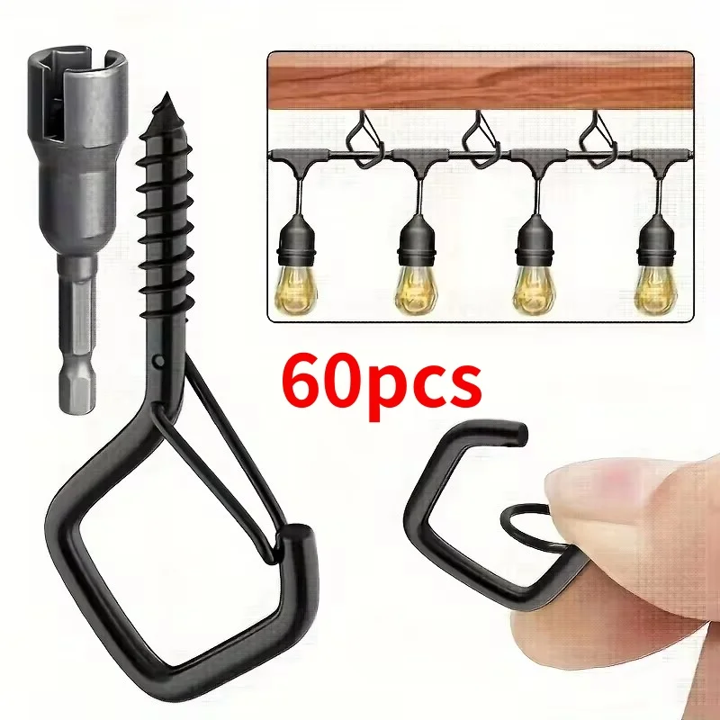 60pcs Square Snap Hanging Hooks - Anti-Drop Bonsai Hooks with Safety Buckles for Christmas Rope String Lights - Includes Wrench