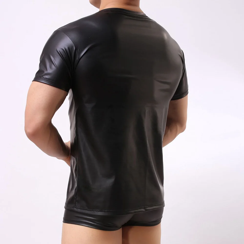 Sexy Black Men Faux Latex Leather Stage Performance Round Neck Short Sleeve T-Shirt Tops Costumes Undershirts Muscular