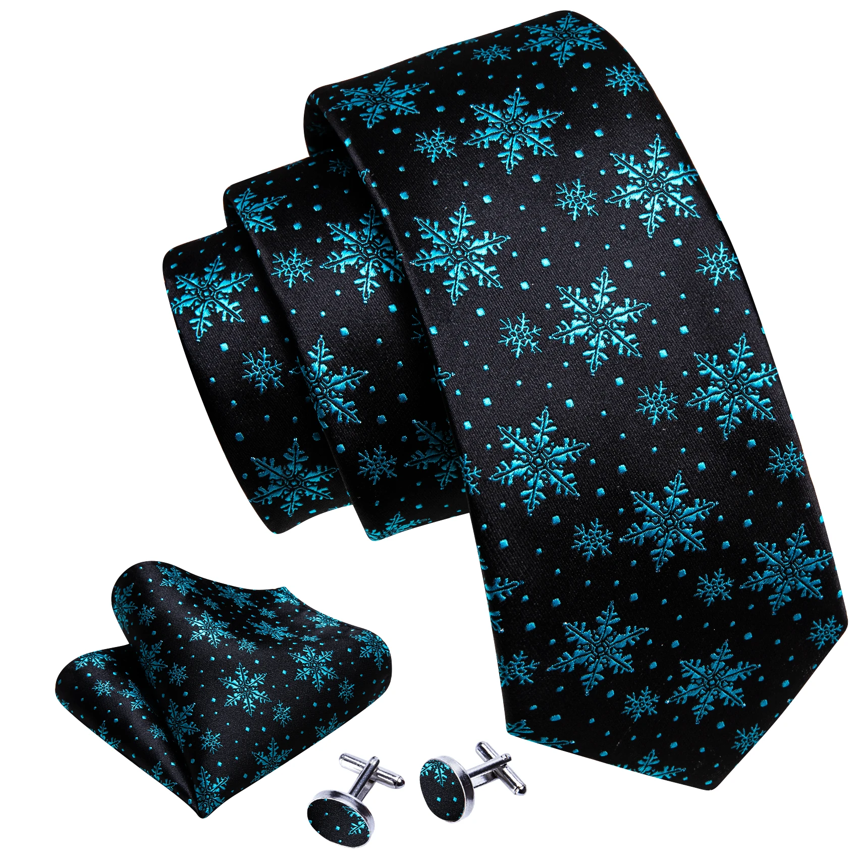 

Black Teal Snow Silk Men Tie Christmas Designer Necktie Hankerchief Cufflinks Set Merry Xmas Festival Bell Santa Tree Barry.Wang