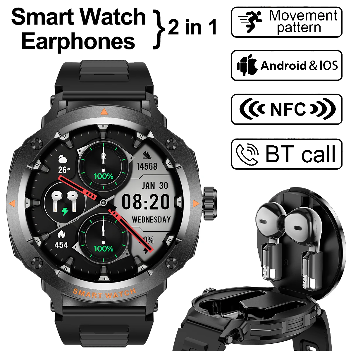 

NFC Smart Watch Wireless Earphone 2 in1 Bluetooth Call Men Smart Watches Heart Rate Monitor Music Playing Headphones Smartwatch