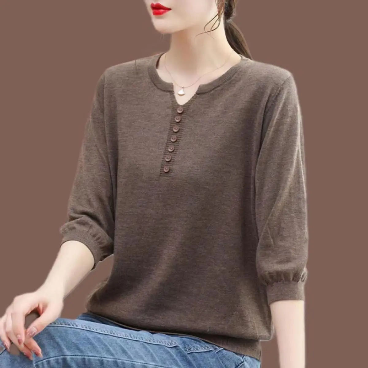 Korean Fashion Women Big Size Knit T-Shirt Female Clothing Spring Summer 3/4 Sleeve Pullover Tees Loose Casual Solid Vintage Top