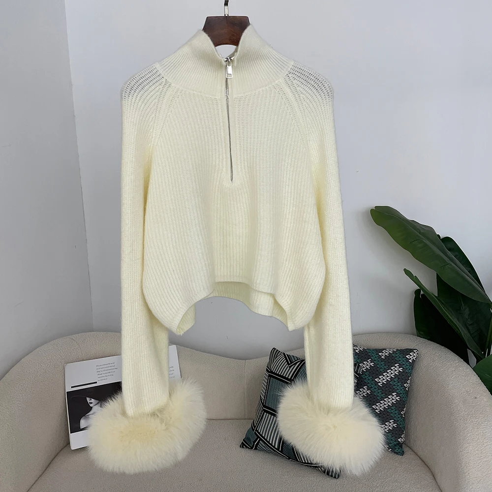 

Knitwear Pullover Real Fur Coat New Sweater Patchwork Zipper Underlay Loose Premium Sweater Female Knitwear Spring Women Autumn