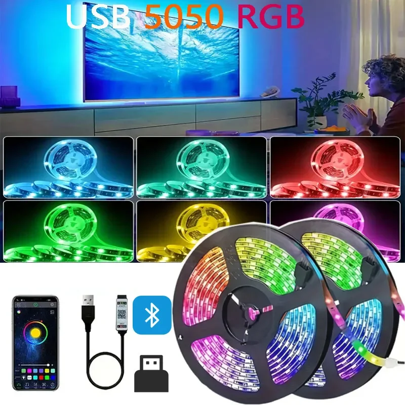 USB RGB LED 스트립 라이트 SMD 5050 원격/블루투스 APP 제어 유연한 테이프 다이오드 리본 TV 배경 거실 침실