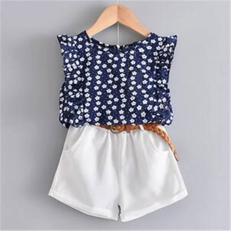 Summer Casual Children Sets Chiffon Flowers Blue T-shirt Pants Girls Clothing Sets Kids Summer Set for 3-7 Years