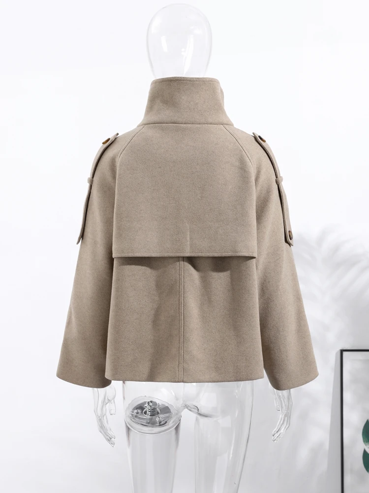 Fashion Women's Stand Collar Coat Long Sleeve Double-breasted Solid Pockets Jacket Female 2025 Autumn Winter Lady New Streetwear