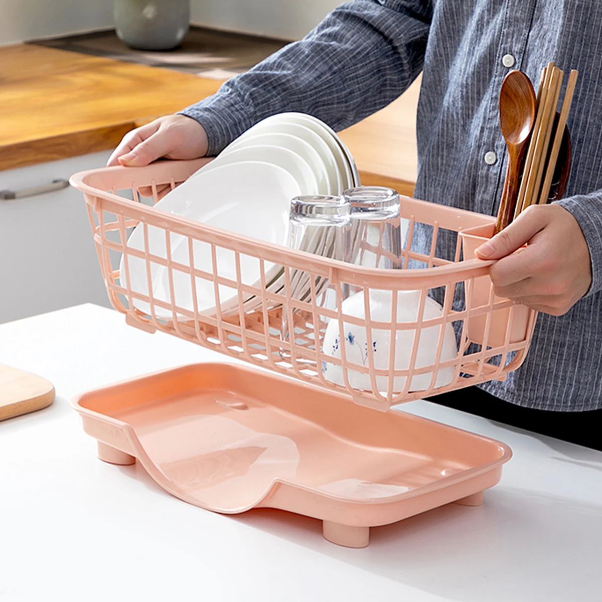 WORTHBUY Bowl Dish Drying Rack Kitchen Organizer For Cutlery Plastic Tableware Drainer Chopsticks Plate Dish Drain Basket Holder