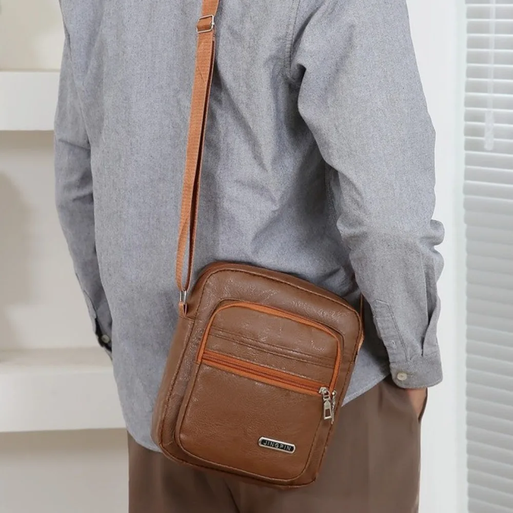 

Fashion PU Leather Men Crossbody Bag Multi-pocket Solid Color Shoulder Bag Zipper Large Capacity Business Messenger Bag