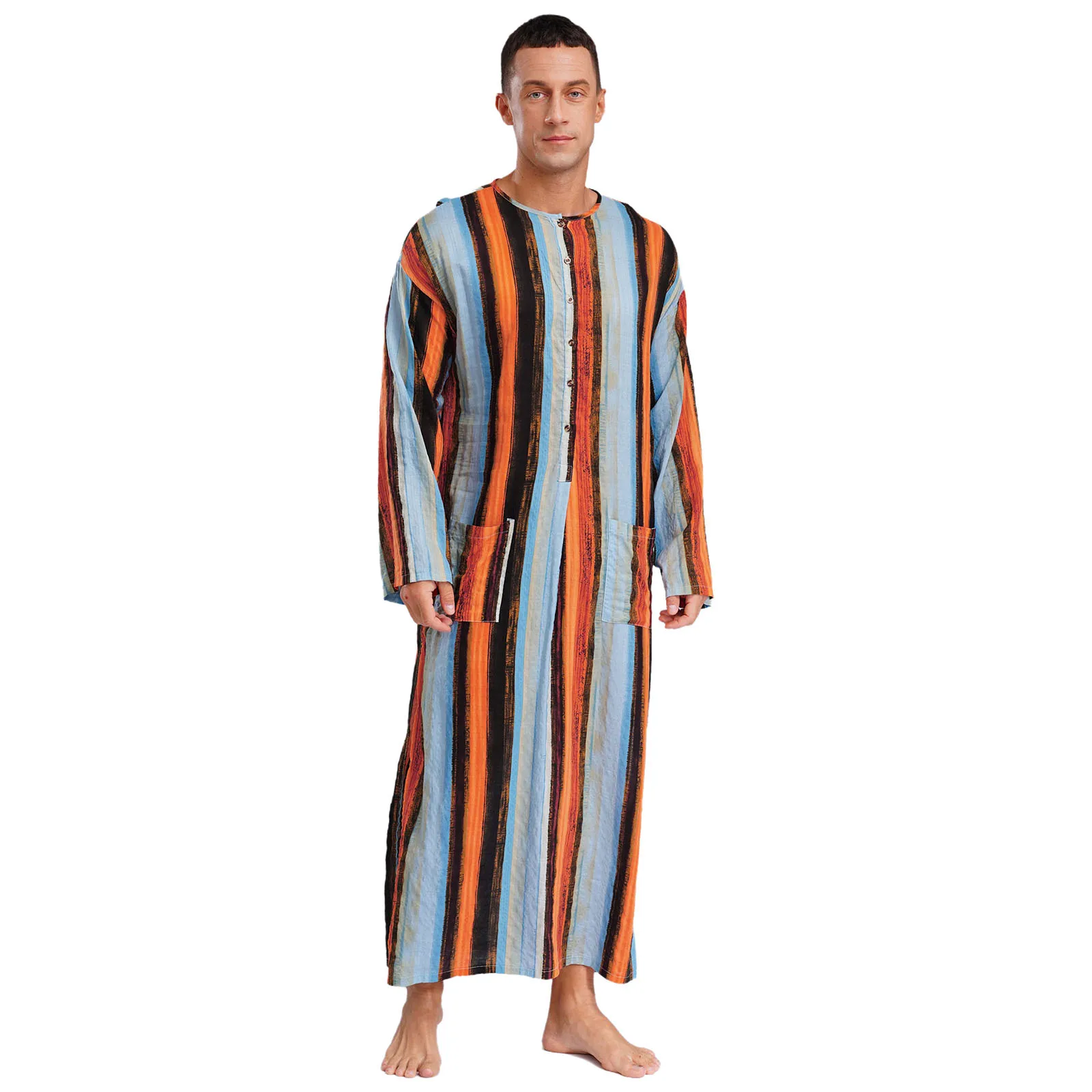Men Islamic Muslim Thobe Round Neck Long Sleeve Stripe Long Gown Buttons Loose Gown Middle East Islam Arabic Thobe Shirt Dresses