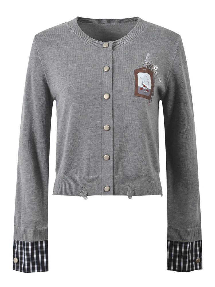 

Высококачественный европейский клетчатый длинный свековый вязаный открытый кардиган для женщин с мультяшным принтом, круглый Ne ort Le...