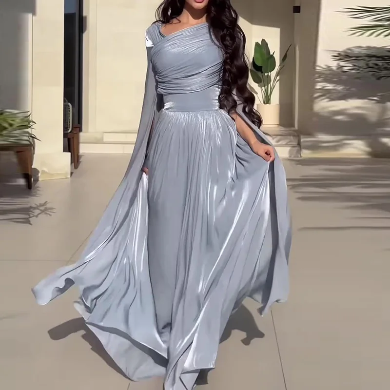 Elegant Slant Shoulder Draped Gowns Dress Casual Split Long Sleeve Solid Party Dress Women Fashion Hight Waist Slim Long Dress - Image 4