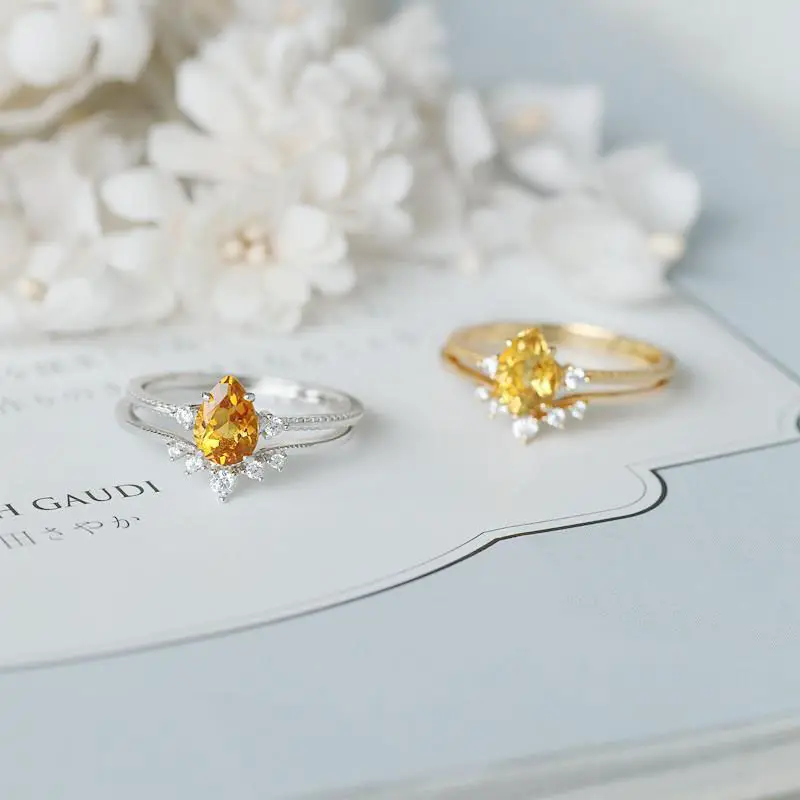 

Original design natural citrine silver diamond opening adjustable ring retro elegant light luxury charm female jeweler