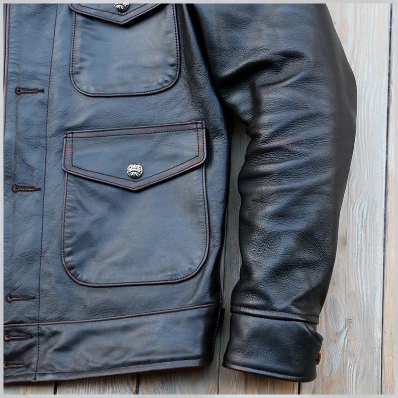 سترة جلدية رجالية أصلية بنمط RRL، سميكة بقلب من جلد الحصان، تصميم ياباني عتيق، سترة راكبي الدراجات النارية، قصة ضيقة وطول قصير