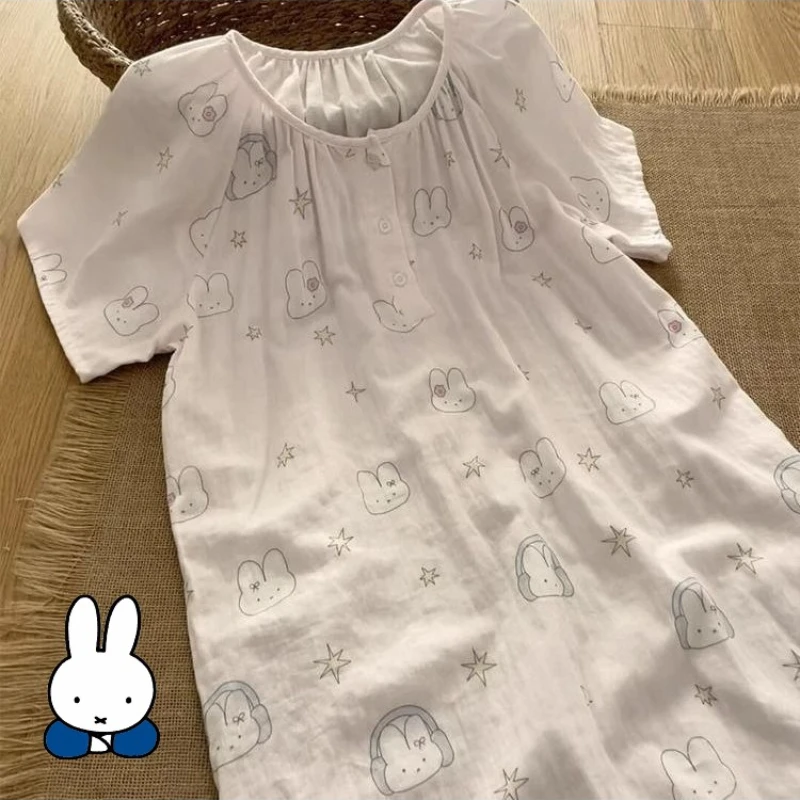 

Женское платье для сна Kawaii Miffy с милым мультяшным кроликом, свободный крой, легкий дизайн средней длины, универсальный для дома и улицы