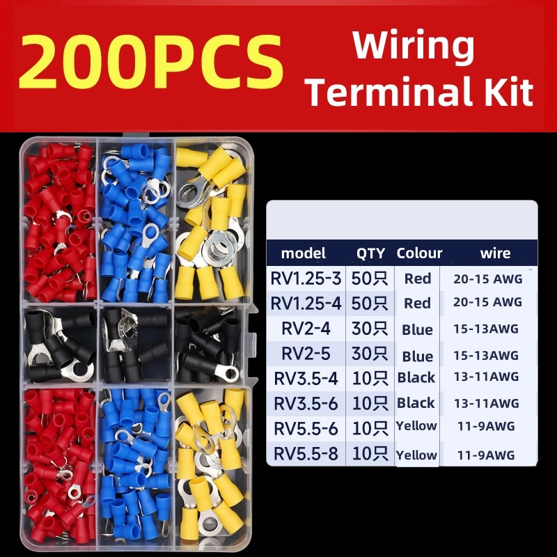 

200pcs Crimp Terminal Kit - Pre-Insulated Copper Connectors Assortment (Red/Blue/Yellow) 22-10 AWG UL
