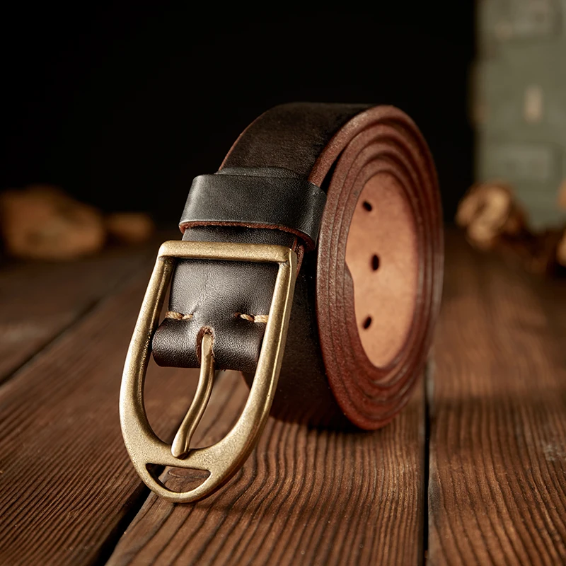 Handmade Retro First Layer Cowhide Leather With Copper Pin Buckle For Men Vintage Genuine Leather Jeans Strap Fashion Pants Belt