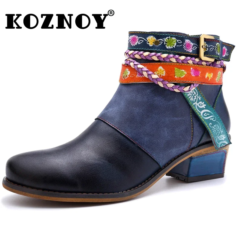 

Koznoy Cow Genuine Leather Women's Boots 4cm Autumn Spring Booties Moccasins Ankle Boots Print Ethnic Comfy Flat Fashion Shoes