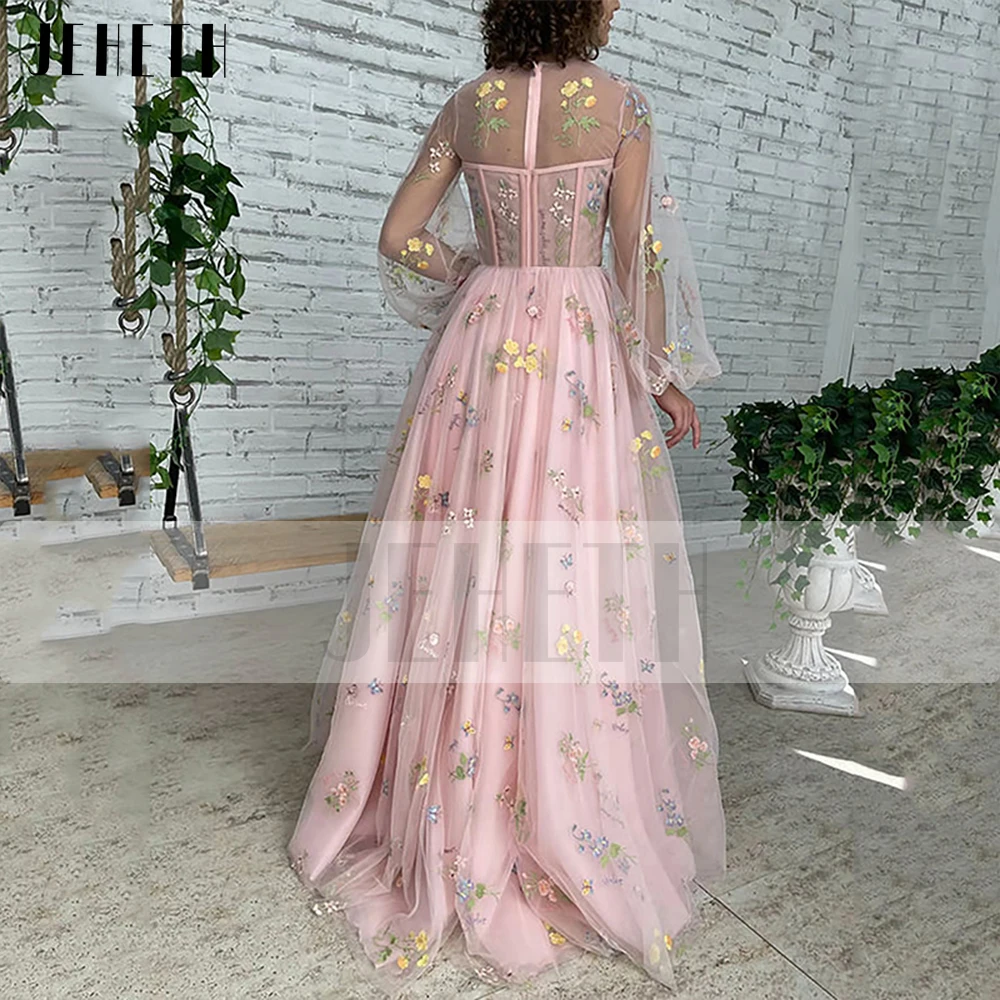 JEHETH Embroidered Lace Tulle Pastoral Prom Dress Fairy Long Sleeves Illusion Back A-Line O-Neck Party Evening Gown Floor Length