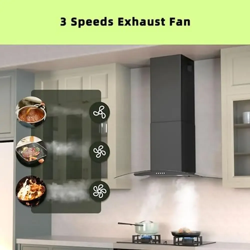 30 "حائط جبل شفاط المطبخ 400CFM 3-Speed مروحة سوداء الزجاج المقسى LED التحكم غسالة صحون مرشحات آمنة