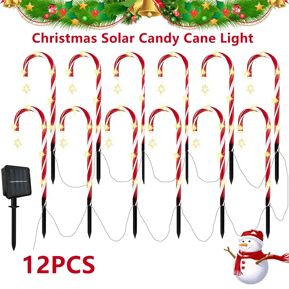 

12PCS Solar-Powered Candy Cane Light Christmas LED Decorative Street Lamps Waterproof Outdoor Garden Lawn Landscape For Holiday